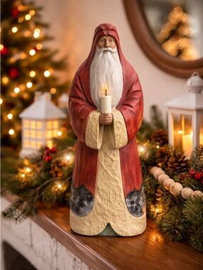Carved Wood Look Santa Figurine 14” Resin Rustic Folk Art Christmas Decor